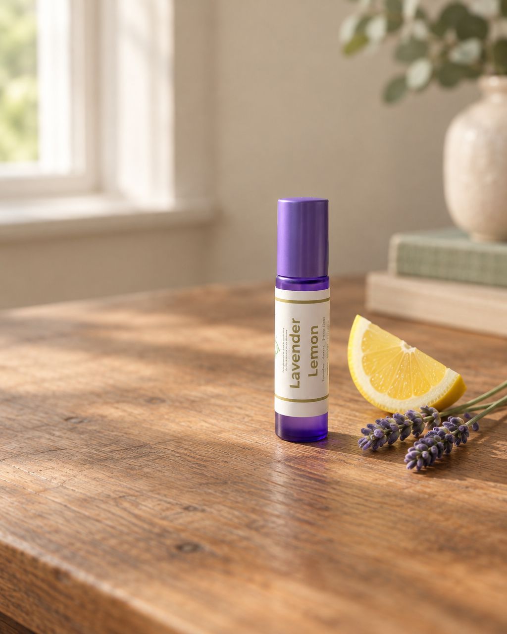 Lavender Lemon roller on a sunlit wooden table beside a lemon wedge and lavender.