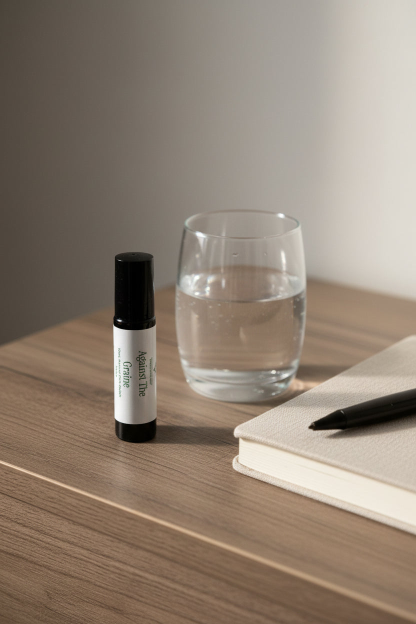 Amber glass Against the Graine roller on a nightstand or desk next to a glass of water and a journal, evoking a calming self-care moment