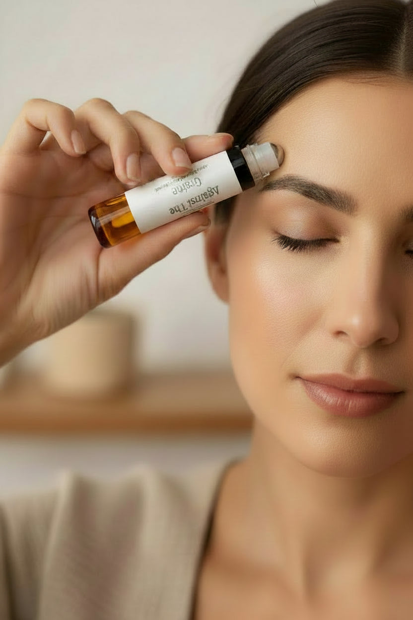 Close-up of someone rolling the product onto their temple, eyes closed, soft expression of relief