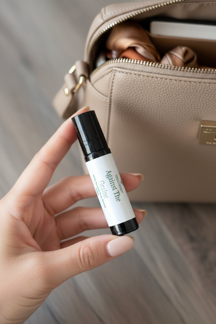 Roller held between two fingers or in an open handbag to show size.