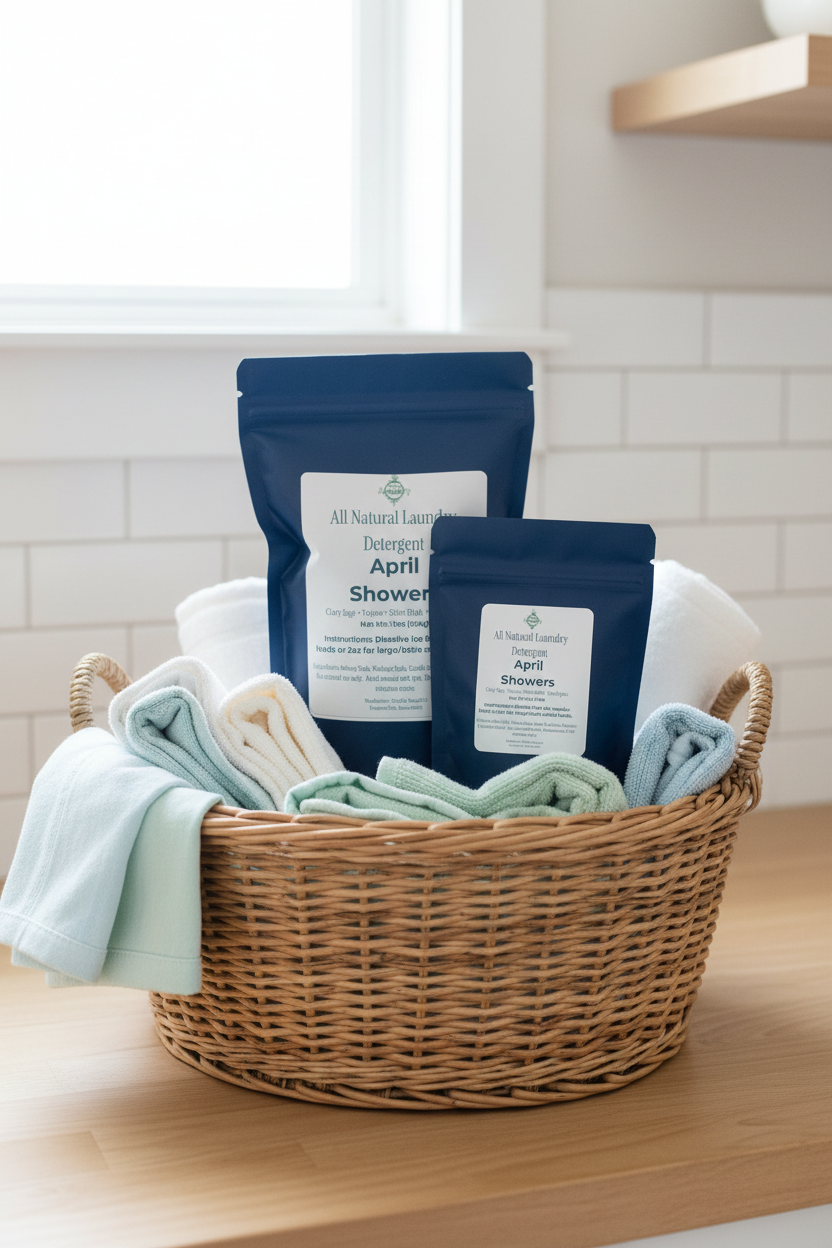 April Showers Laundry Detergent pouch in a basket of laundry on a wooden counter.