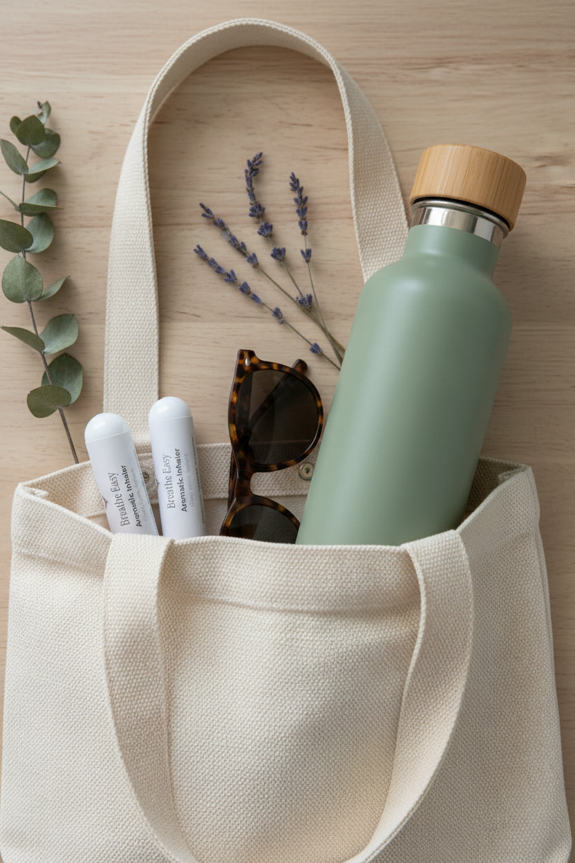 Two nasal inhalation sticks sticking out from a tote with sunglasses and a water bottle showing the portability of the nasal inhalation sticks.