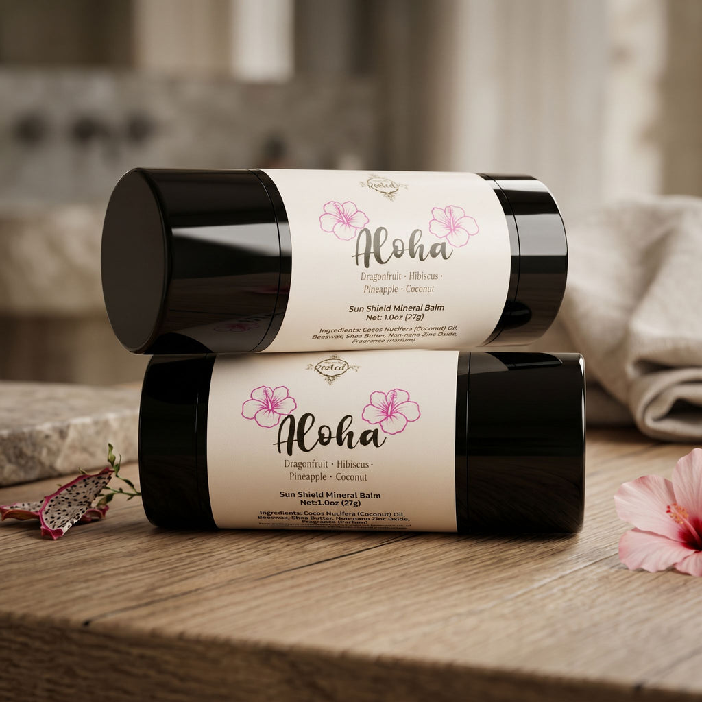 Two black cylindrical containers labeled 'Aloha' on a wooden surface with a blurred background.