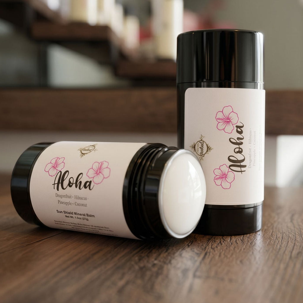 Two 'Aloha' branded products on a wooden surface with shelves in the background.