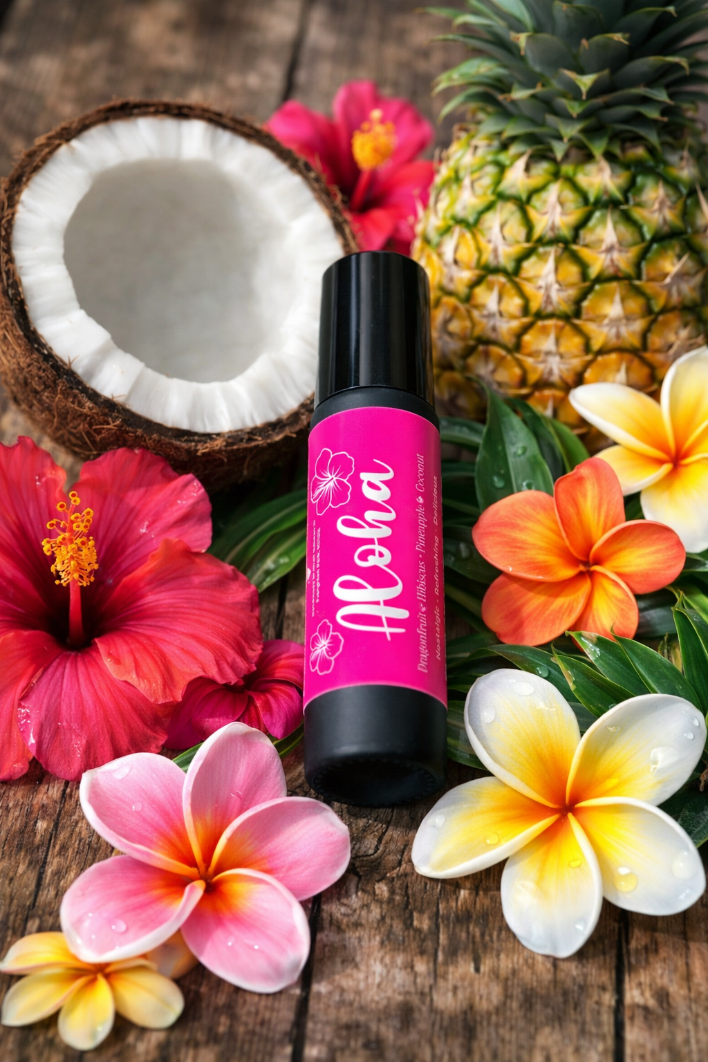 Pink rollerball bottle labeled Aloha surrounded by tropical flowers and a pineapple on a wooden surface.
