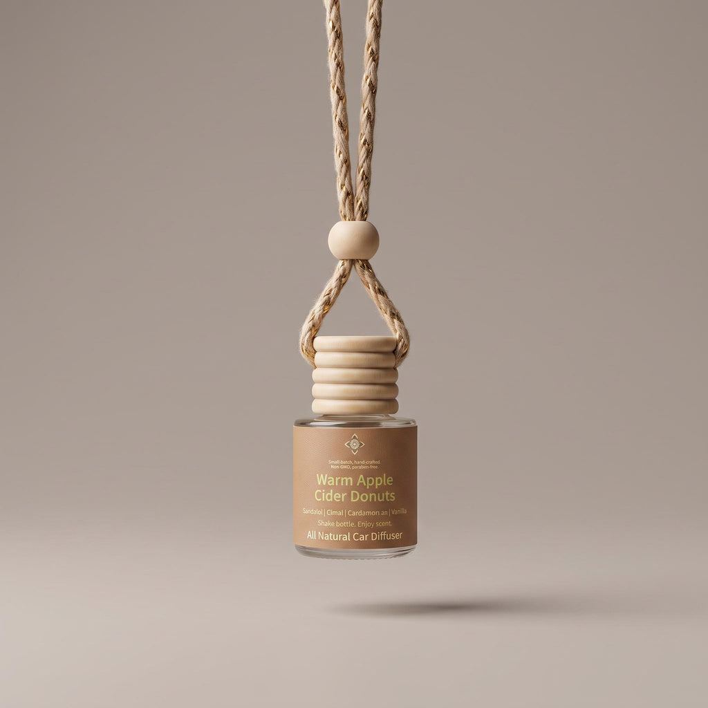 A glass car diffuser bottle with a beige label reading 'Warm Apple Cider Donuts' and a natural wood hanging collar with a braided cord, centered against a warm taupe background.
