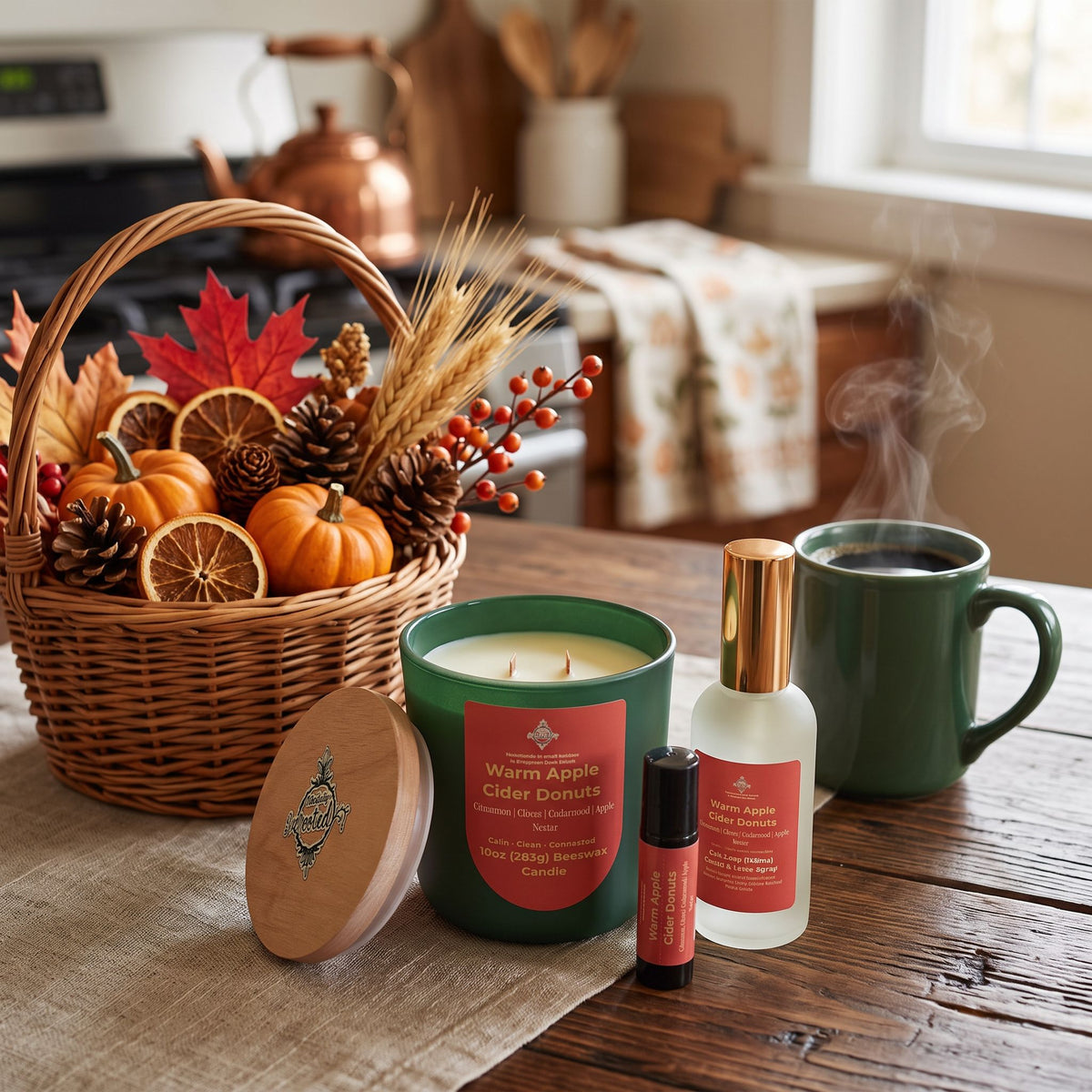 A cozy autumn-themed product arrangement on a wooden table, featuring a green candle with a red label, a small amber diffuser, and a white bottle with a gold cap, styled beside a green mug with steam and a wicker basket filled with fall decorations.