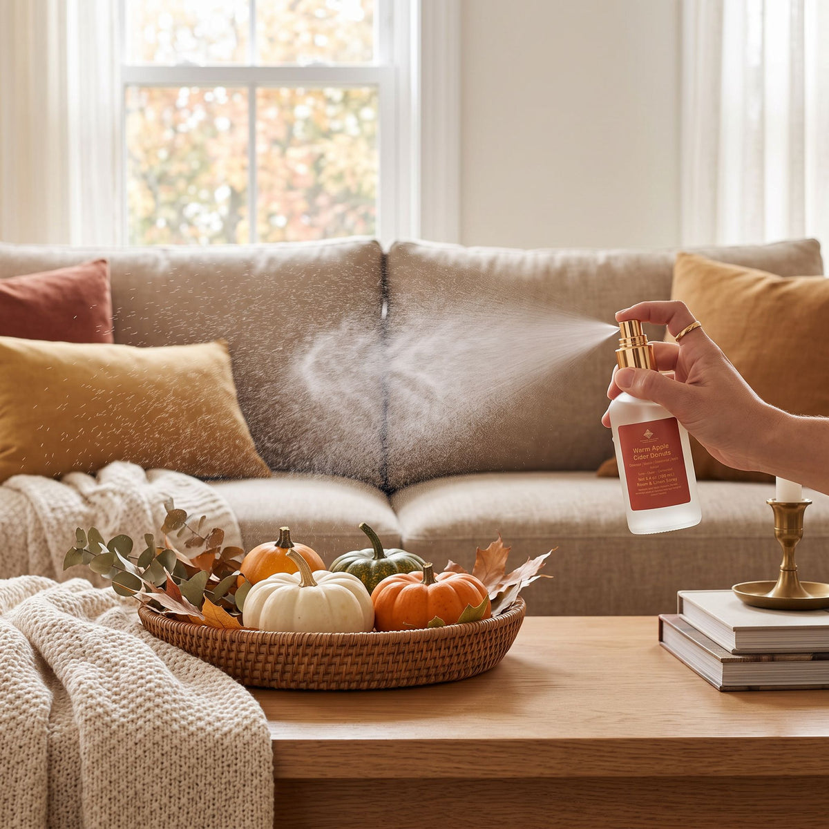 A hand holds a white spray bottle with a gold nozzle and red label, spraying a mist toward a beige sofa in a cozy living room. The scene includes autumn decor on a wooden table, including a woven tray with small pumpkins, books, and a candlestick.