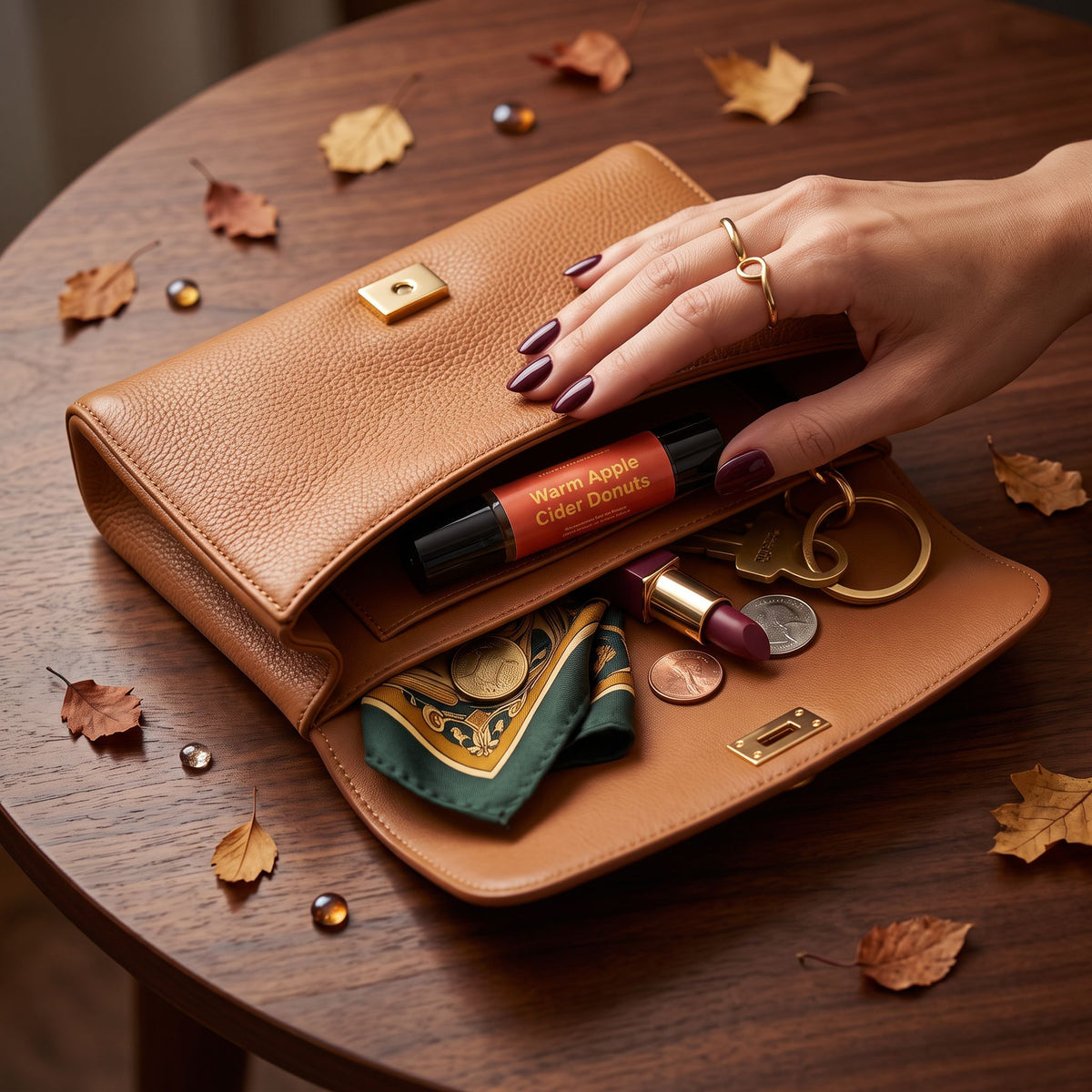 A tan pebbled leather wallet is shown open on a wooden table, with a person's hand reaching inside to pull out a black pen. The wallet contains a lipstick, coins, a small green scarf, and keys.