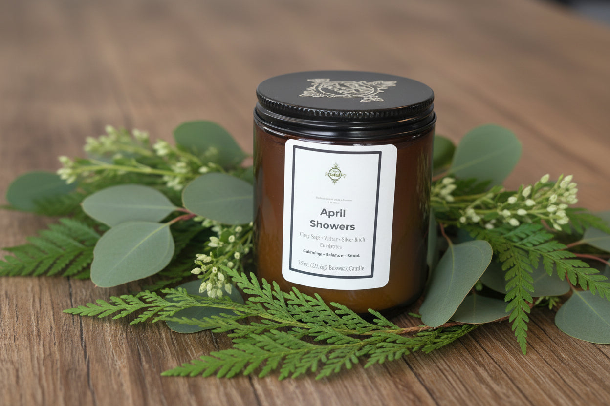 Candle jar labeled 'April Showers' with greenery on a wooden surface