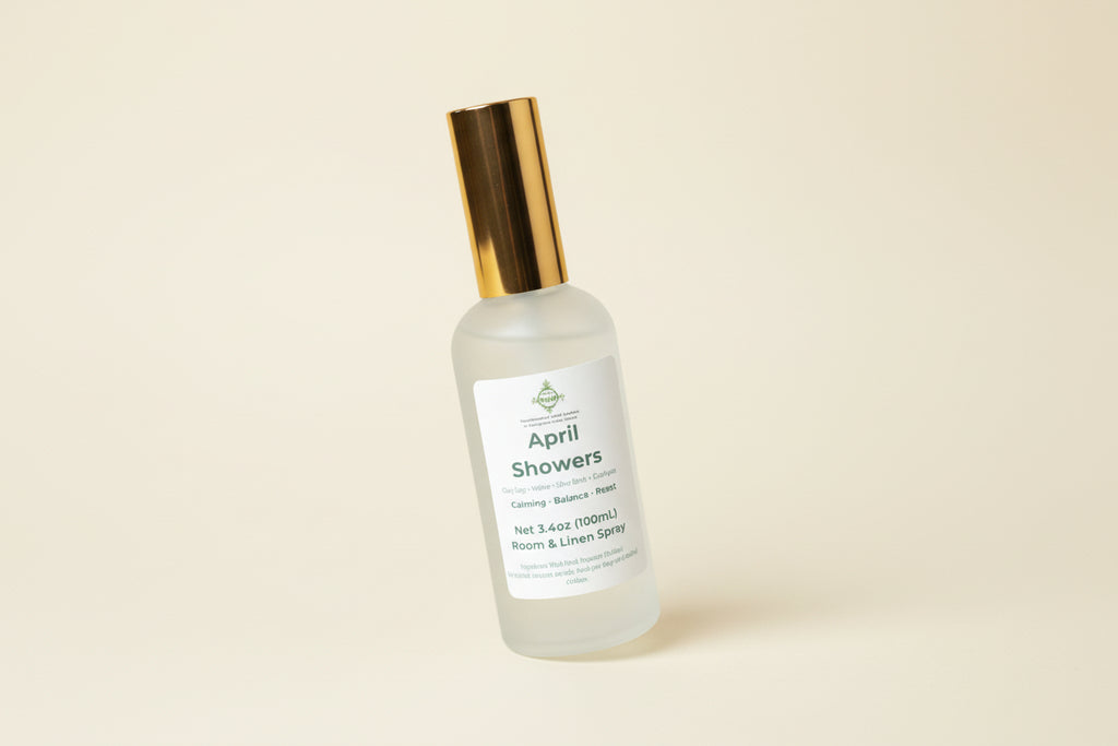 Bottle of 'April Showers' room spray on a neutral background