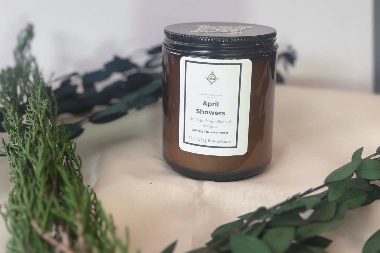Candle labeled 'April Showers' on a white surface with greenery