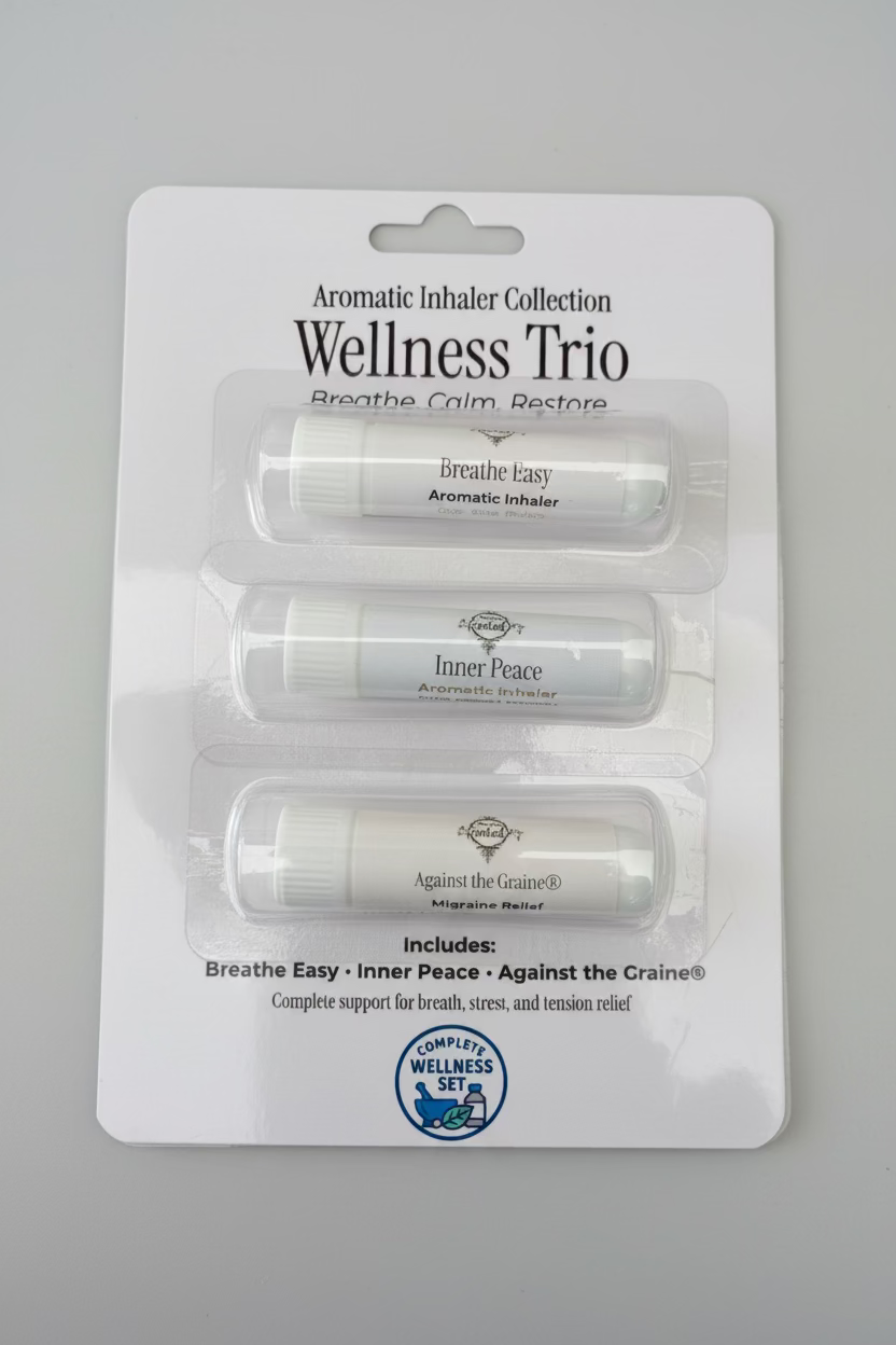 Wellness Trio aromatic nasal inhalers with Breathe Easy, Inner Peace, and Against the Graine by Blissfully Rooted