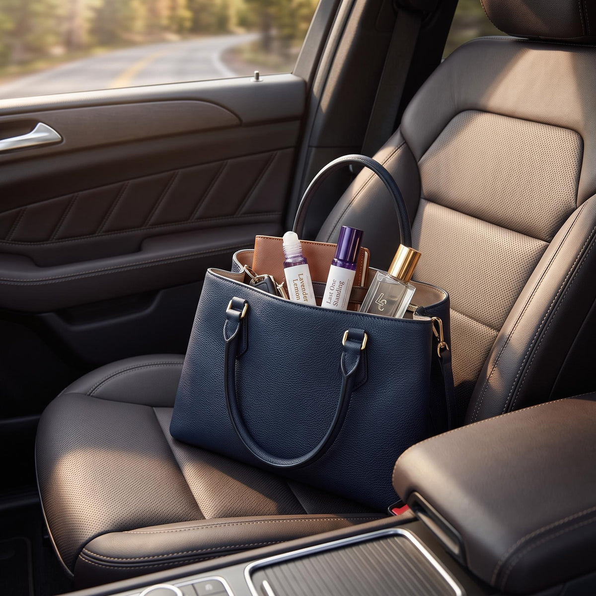 Roller Trio peaking out of a black handbag on a brown leather seat in a car
