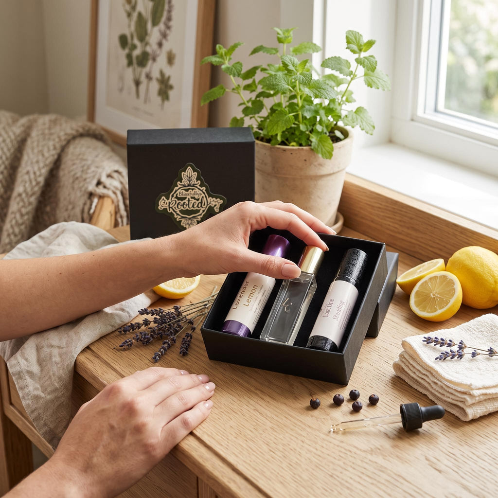Roller Trio gift box on a vanity by a window with warm lighting and a hand grabbing the Luxe Cashmere Roller 
