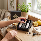 Roller Trio gift box on a vanity by a window with warm lighting and a hand grabbing the Luxe Cashmere Roller 