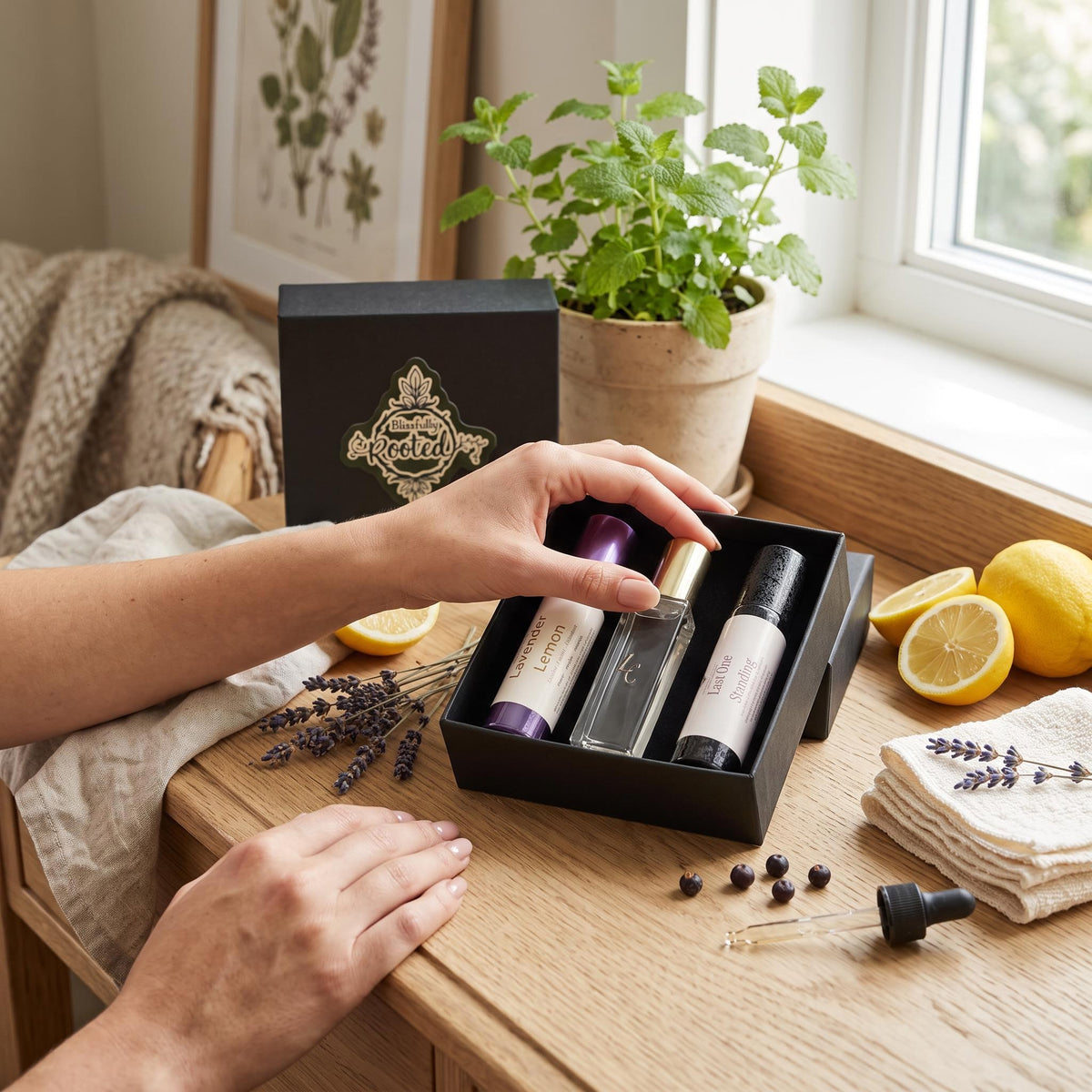 Roller Trio gift box on a vanity by a window with warm lighting and a hand grabbing the Luxe Cashmere Roller 