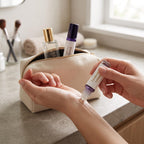 Lavender Lemon roller being applied to a wrist with two more rollers peaking out of a makeup bag on a counter