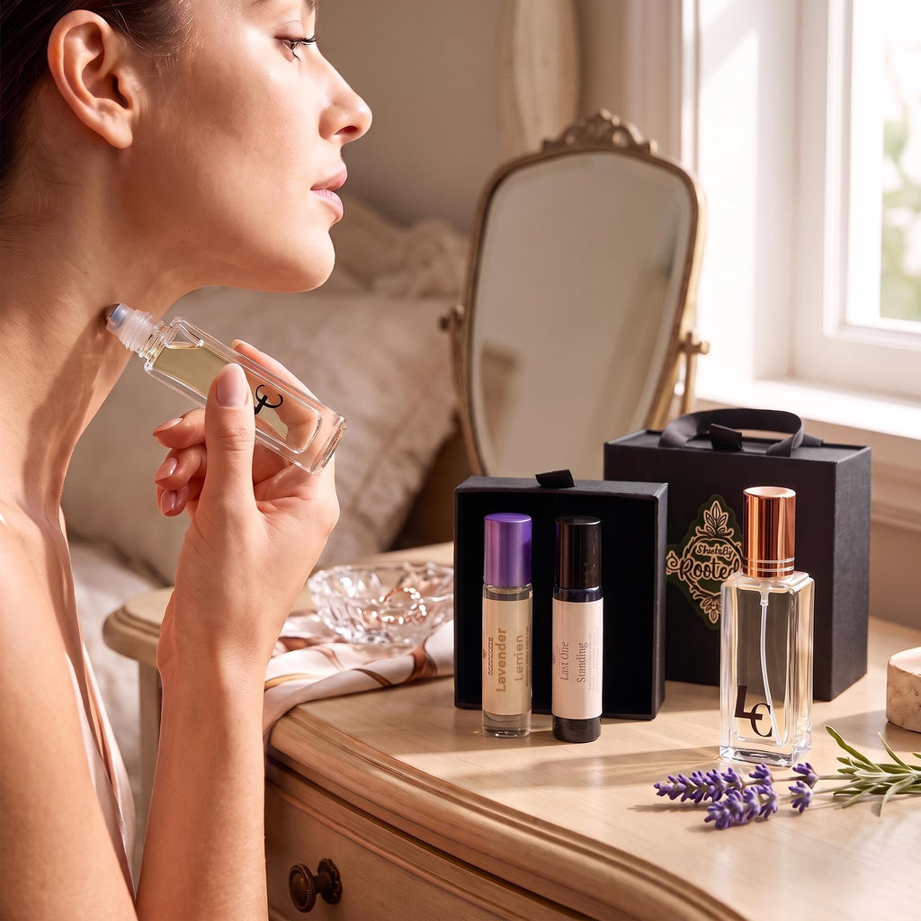 Woman facing a window applying Luxe Cashmere roller to her neck with Luxe Cashmere perfume and two more rollers on a vanity.