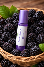 Roll-on bottle labeled 'Blackberry Bliss' surrounded by blackberries in a woven basket.