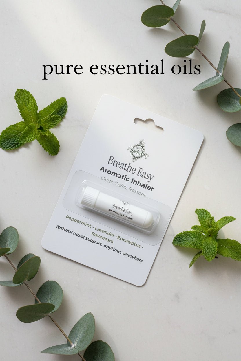 White Breathe Easy Nasal Inhalation Stick in blister packaging surrounding by peppermint and eucalyptus leaves with "pure essential oils" overlay.