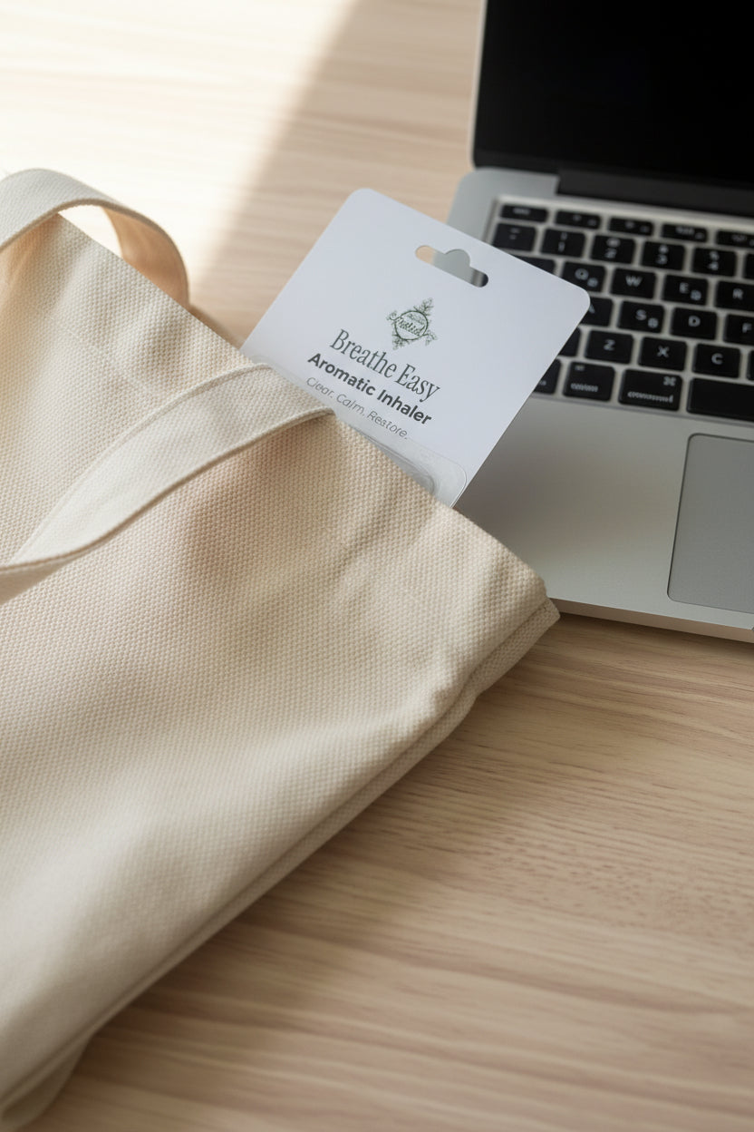 Breathe Easy aromatic inhaler packaging peeking out of a tote bag by an open computer showing it is portable