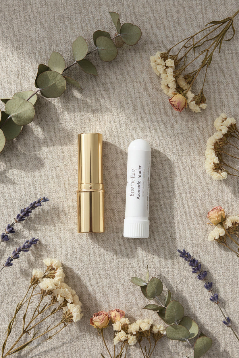 White cylindrical Breathe Easy Inhaler on a linen surface next to a lipstick tube for size reference.