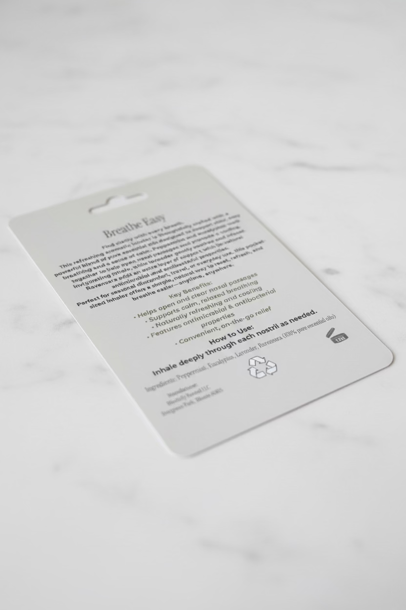 Product packaging with text on a white surface