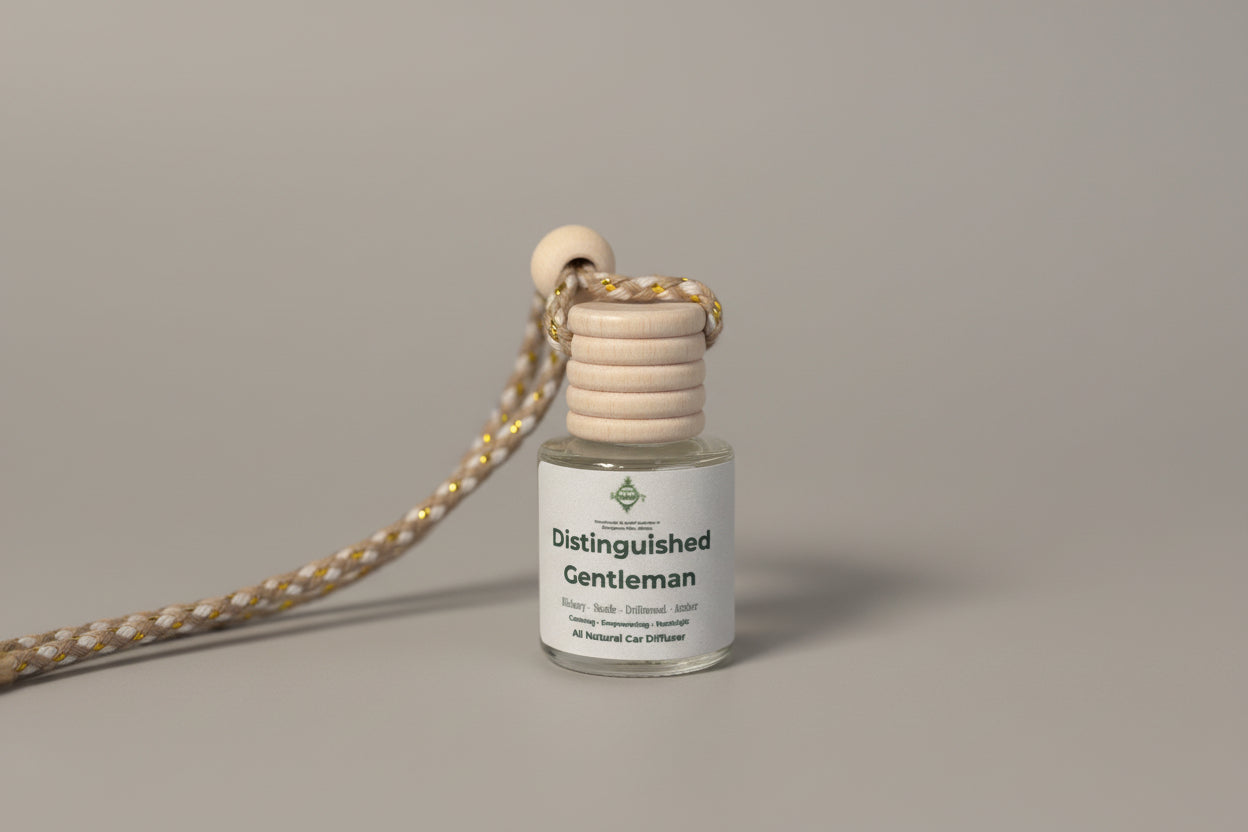 Small bottle with wooden top labeled 'Distinguished Gentleman' on a light surface.