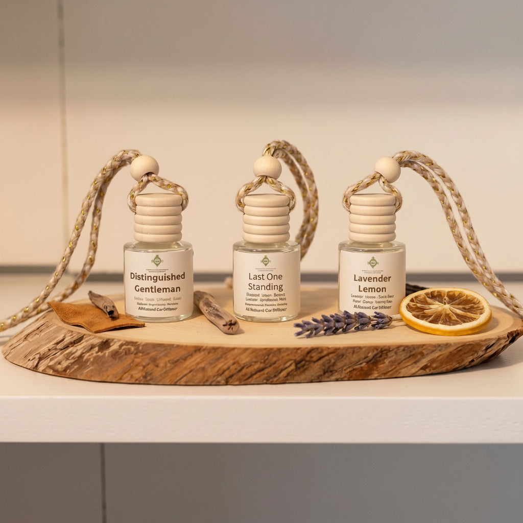 Distinguished Gentleman, Last One Standing and Lavender Lemon Car Diffusers on a wooden plank with lemon slices.  