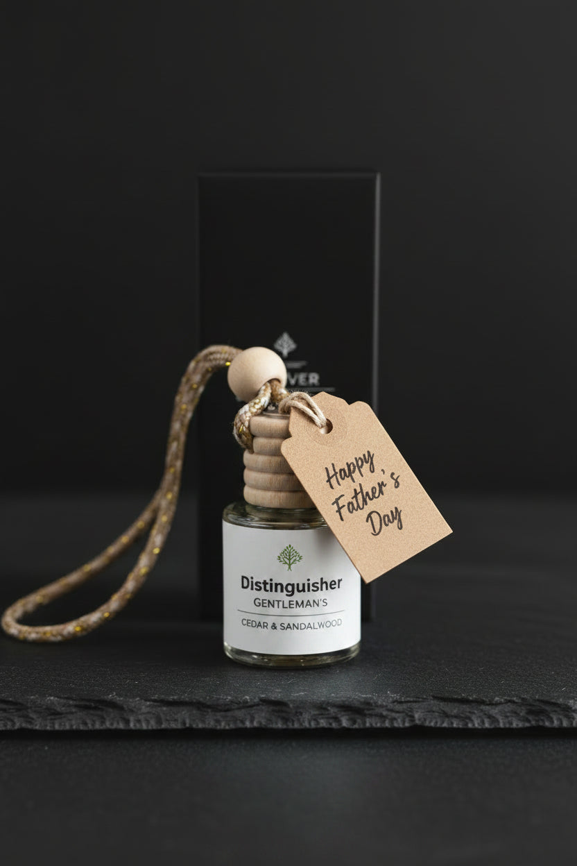 Small bottle with a wooden cap labeled Distinguished Gentleman with a gift tag showing the gift giving possibility of the Distinguished Gentleman Car Diffuser.  
