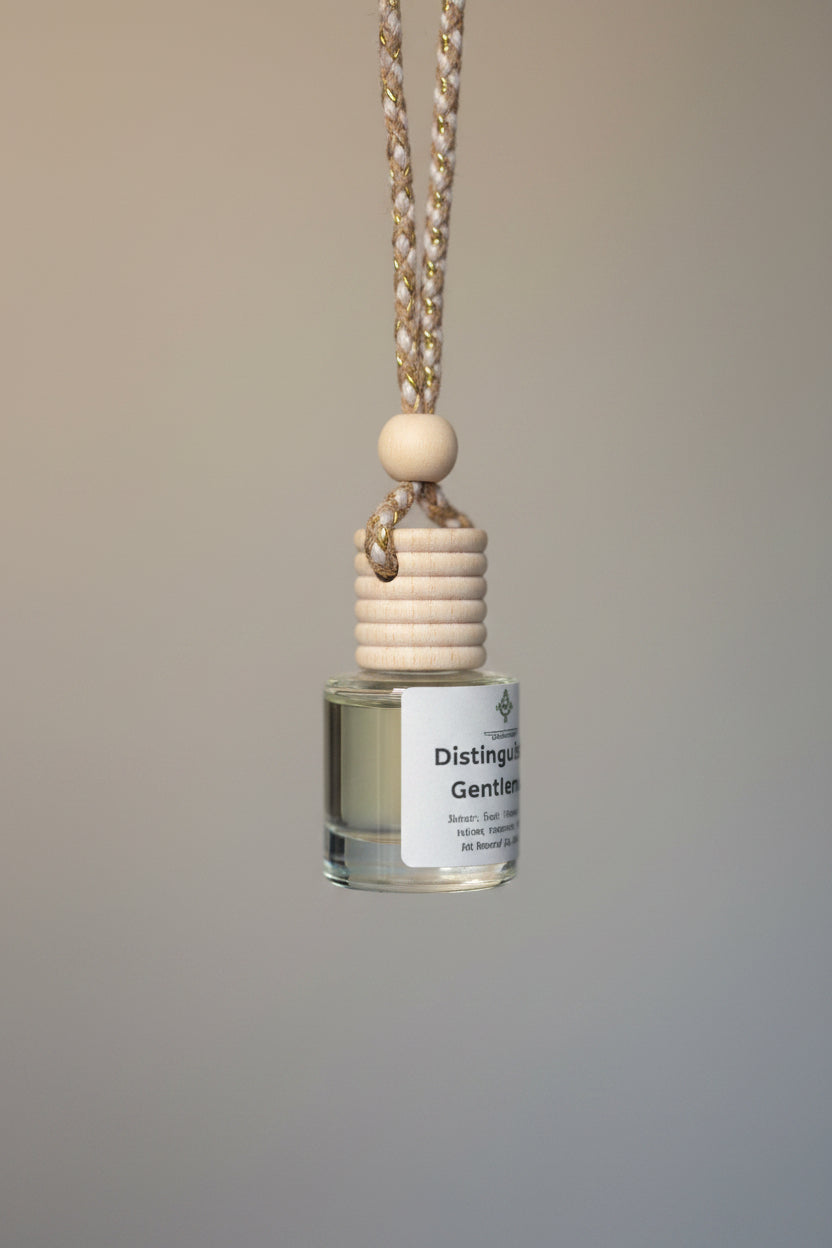 Small bottle with a wooden cap hanging by a jute cord on a neutral background. 