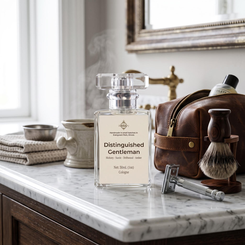 A clear glass cologne bottle labeled 'Distinguished Gentleman' sits on a marble bathroom counter beside a brown leather toiletry bag, shaving brush, safety razor, folded towels, and brass fixtures.
