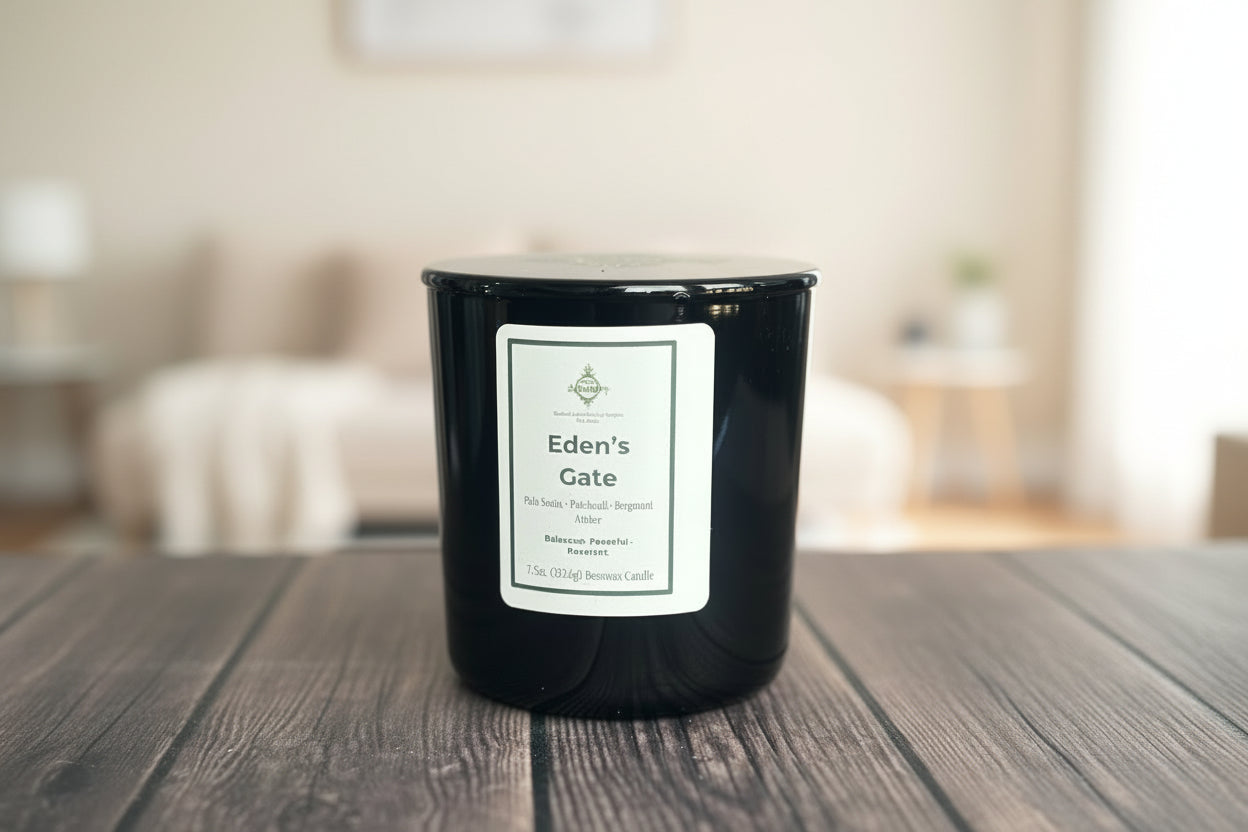 Black vessel candle on wooden surface with living room backgorund.