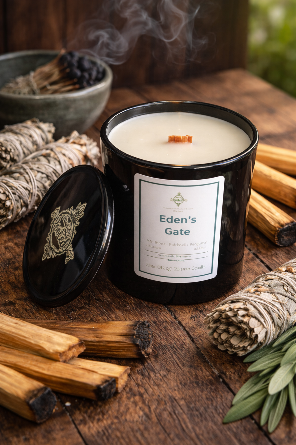 Candle labeled 'Eden's Gate' on a wooden surface with smoldering sage and sticks.
