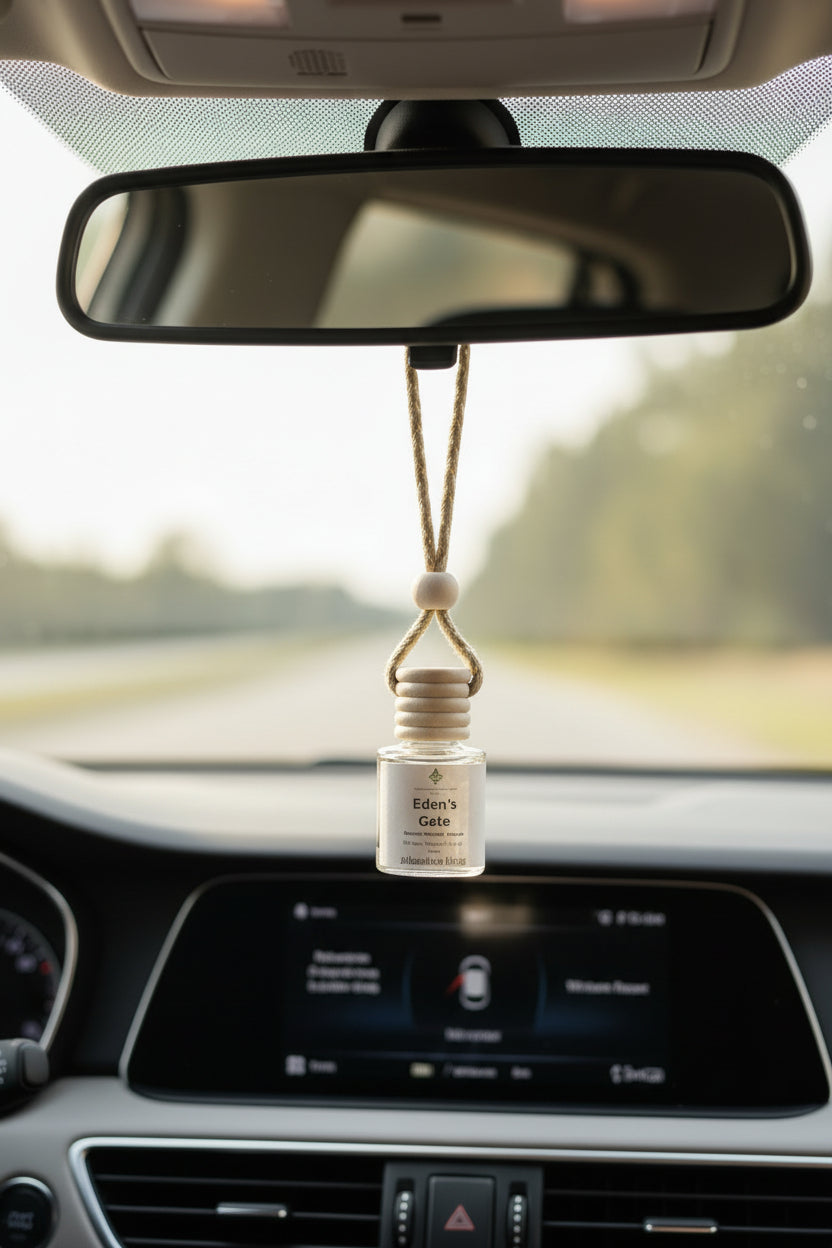 Eden's Gate car air freshener hanging from a car's rearview mirror.