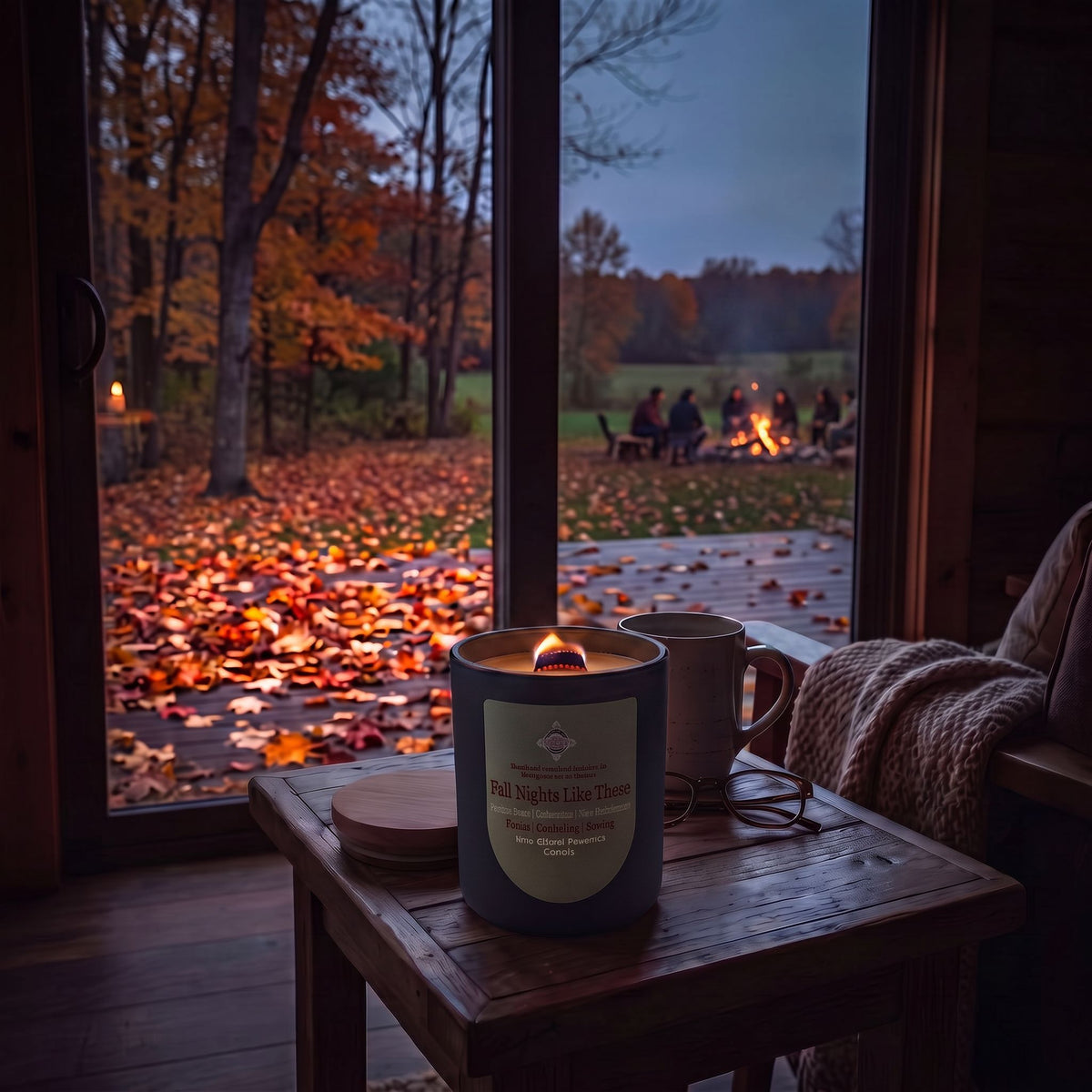 A lit candle in a dark gray jar sits on a wooden table inside a cozy room, with a window showing an outdoor autumn campfire scene. The candle label reads 'Fall Woods Candle Co.