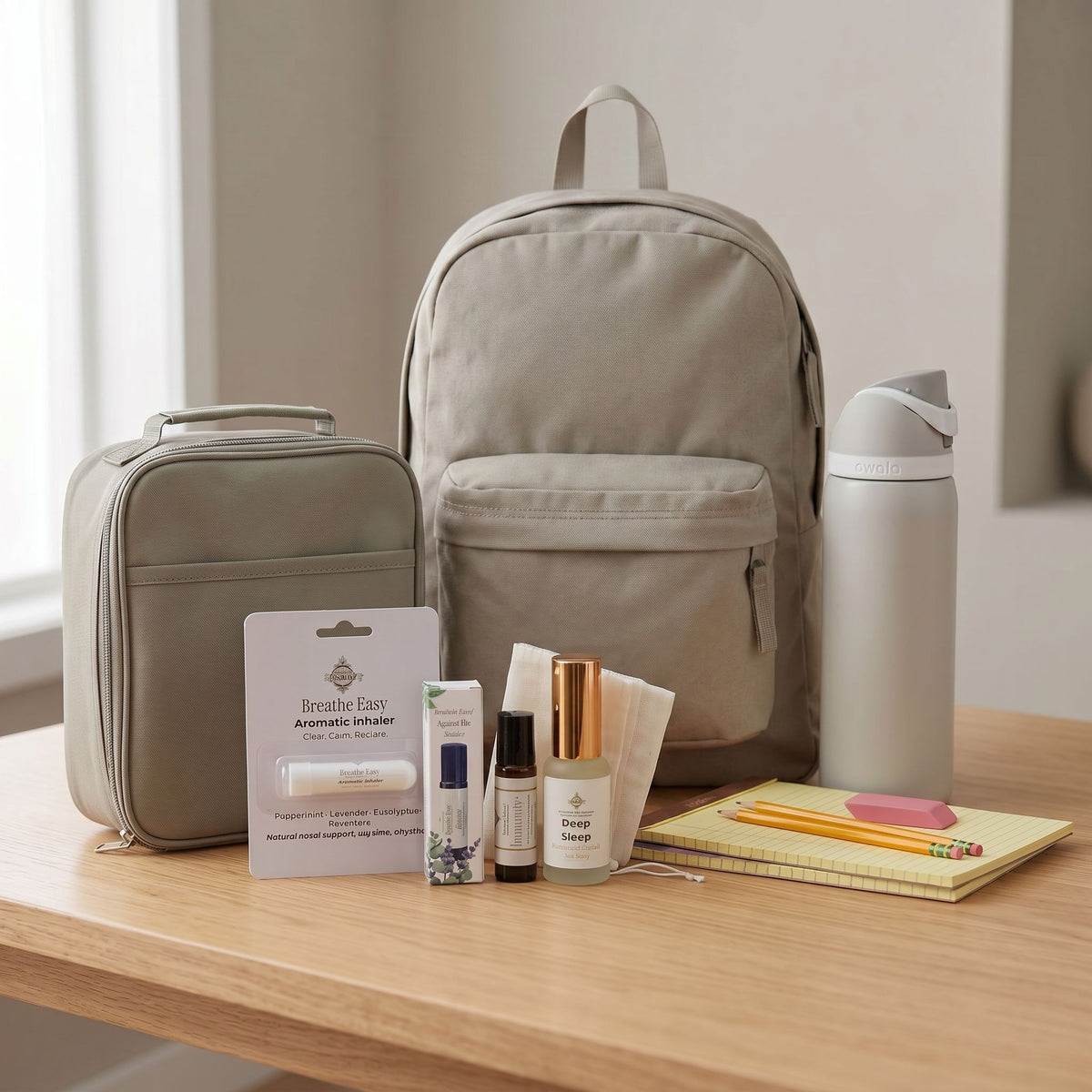 Blissfully Rooted aromatherapy products — an inhaler, roller, and spray bottle — staged on a wood table beside a backpack, lunch bag, water bottle, and notebook in a sunlit room