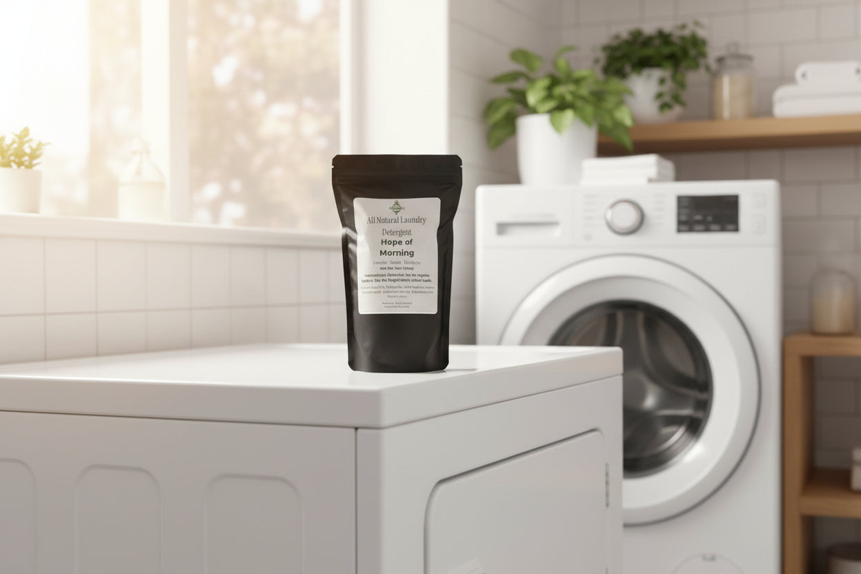 All Natural Laundry Detergent package labeled 'Hope of Morning' on a washing machine in a clean, sunlit laundry room.