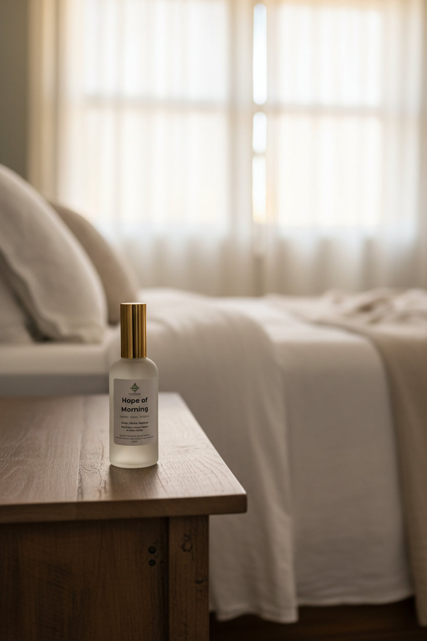 Frosted bottle labeled 'Hope of Morning' on a nightstand in a serene bedroom.