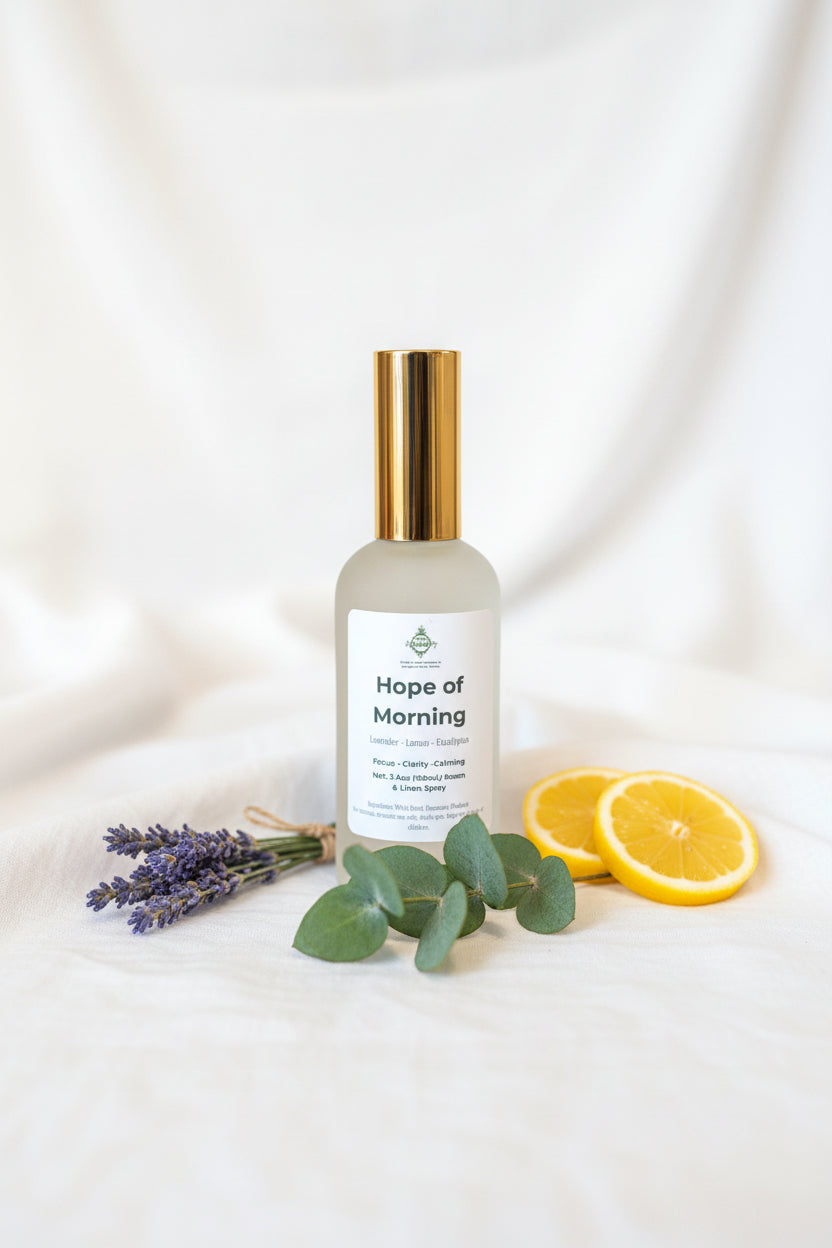 Frosted bottle labeled 'Hope of Morning' with lavender bundle, lemon slices and eucalyptus stems 