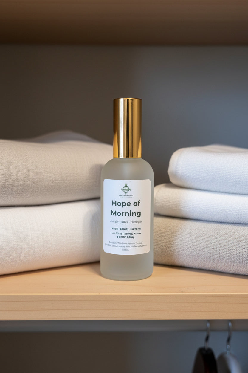 Frosted Bottle with Hope of Morning on the label in a closet next to clean linens for a whole home freshness.  