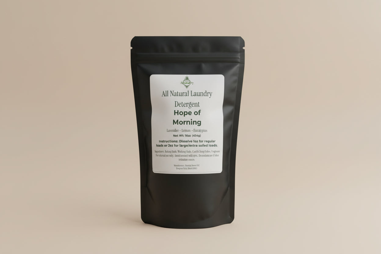 All Natural Laundry Detergent package labeled 'Hope of Morning' on a shelf.