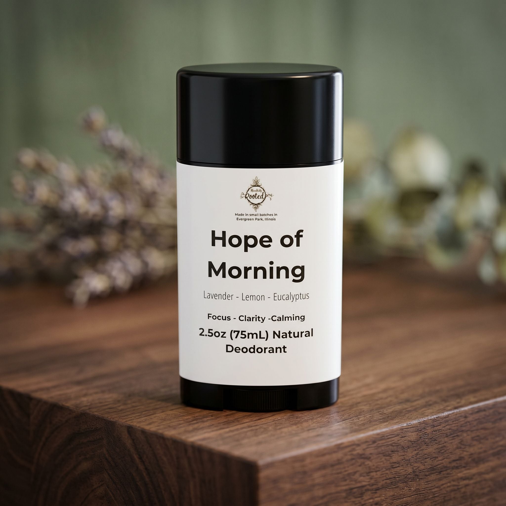 Deodorant with white label on a wooden surface with dried flowers in the background.