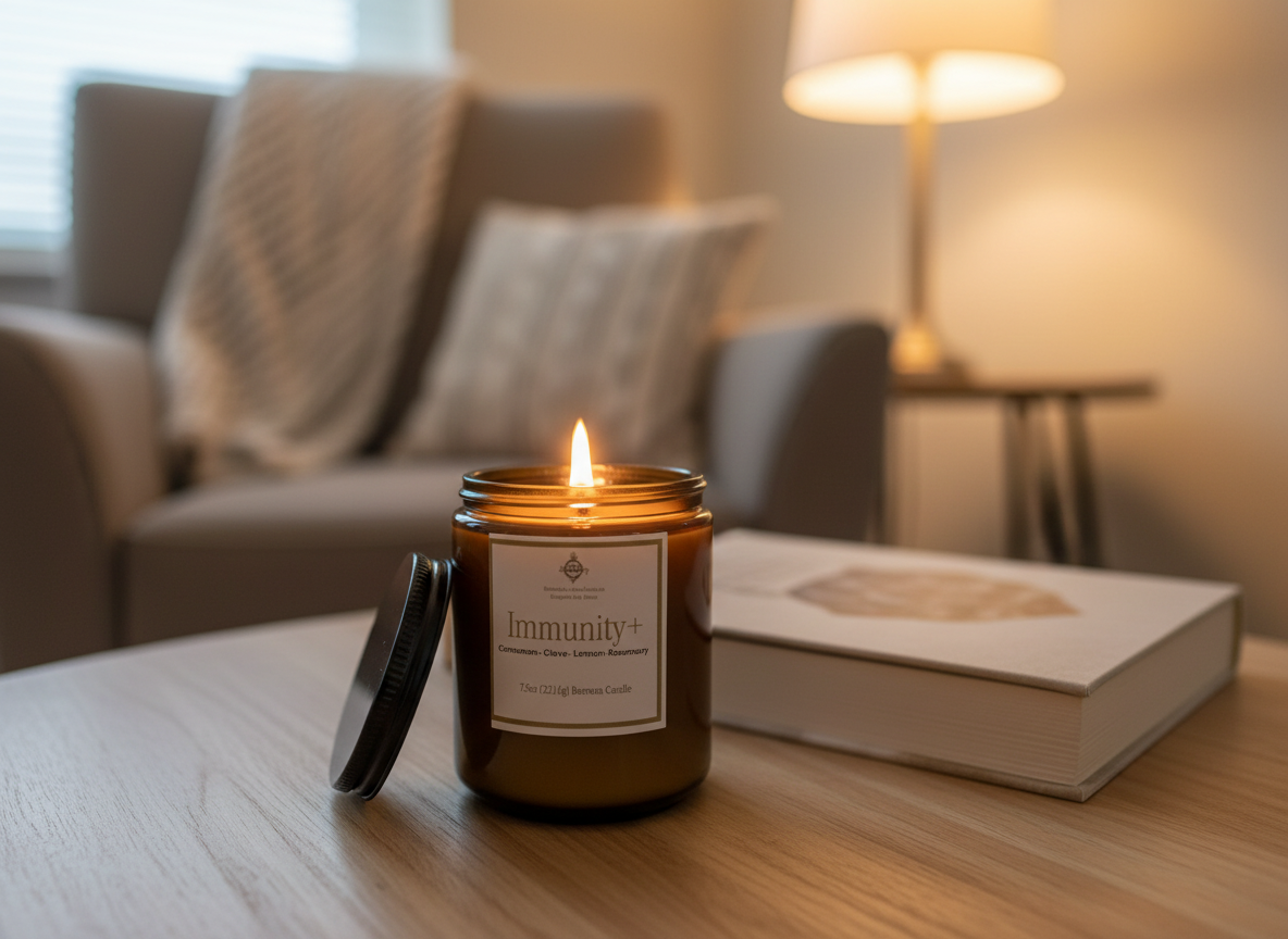 Candle on a wooden table with a reading chair behind.