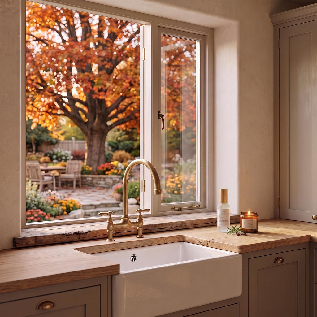 A farmhouse-style white sink with a polished brass faucet set into a light wood countertop, positioned beneath a double window looking out onto an autumn garden with colorful trees.