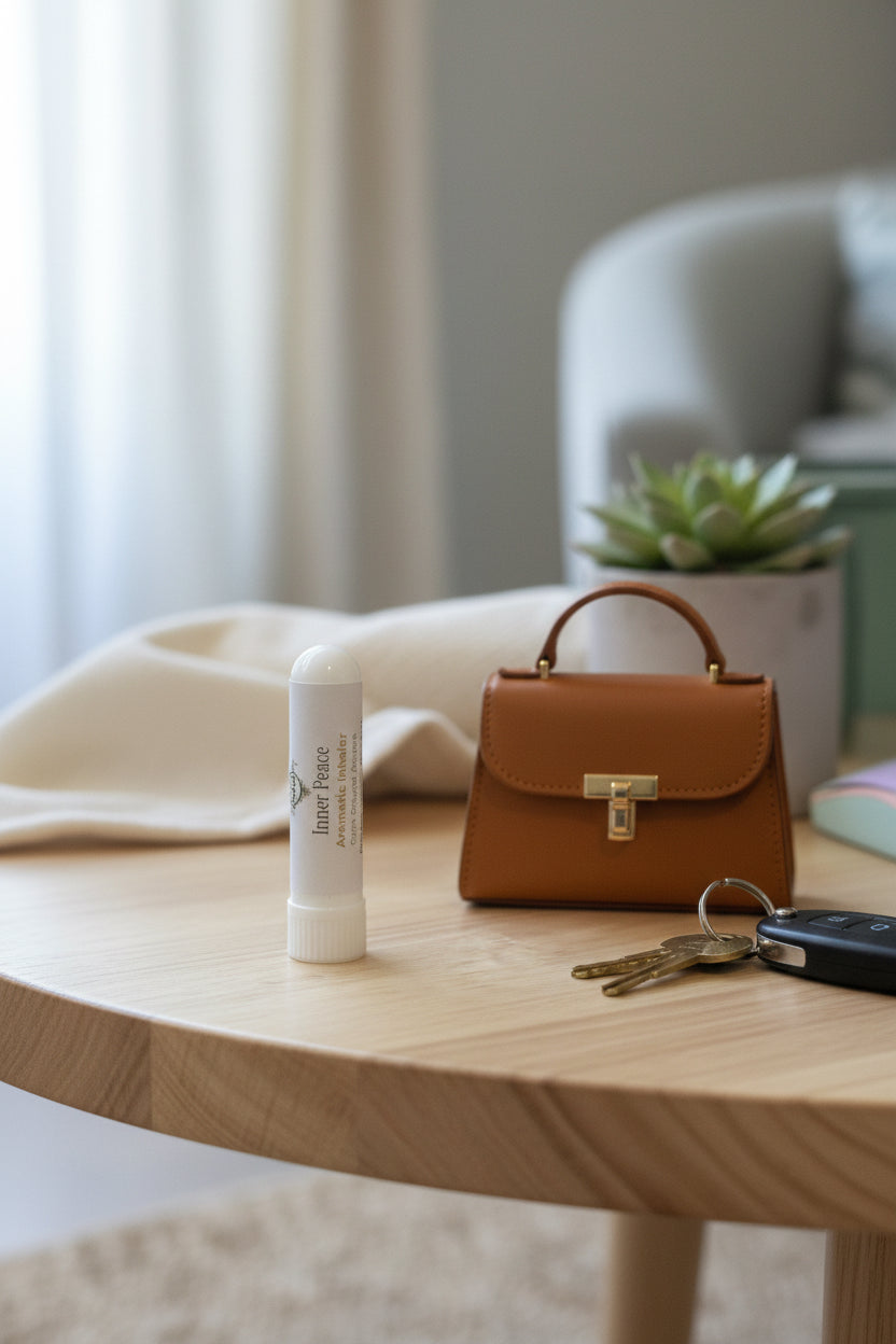 Aromatherapy inhaler labeled 'Inner Peace' on a wooden table next to purse.