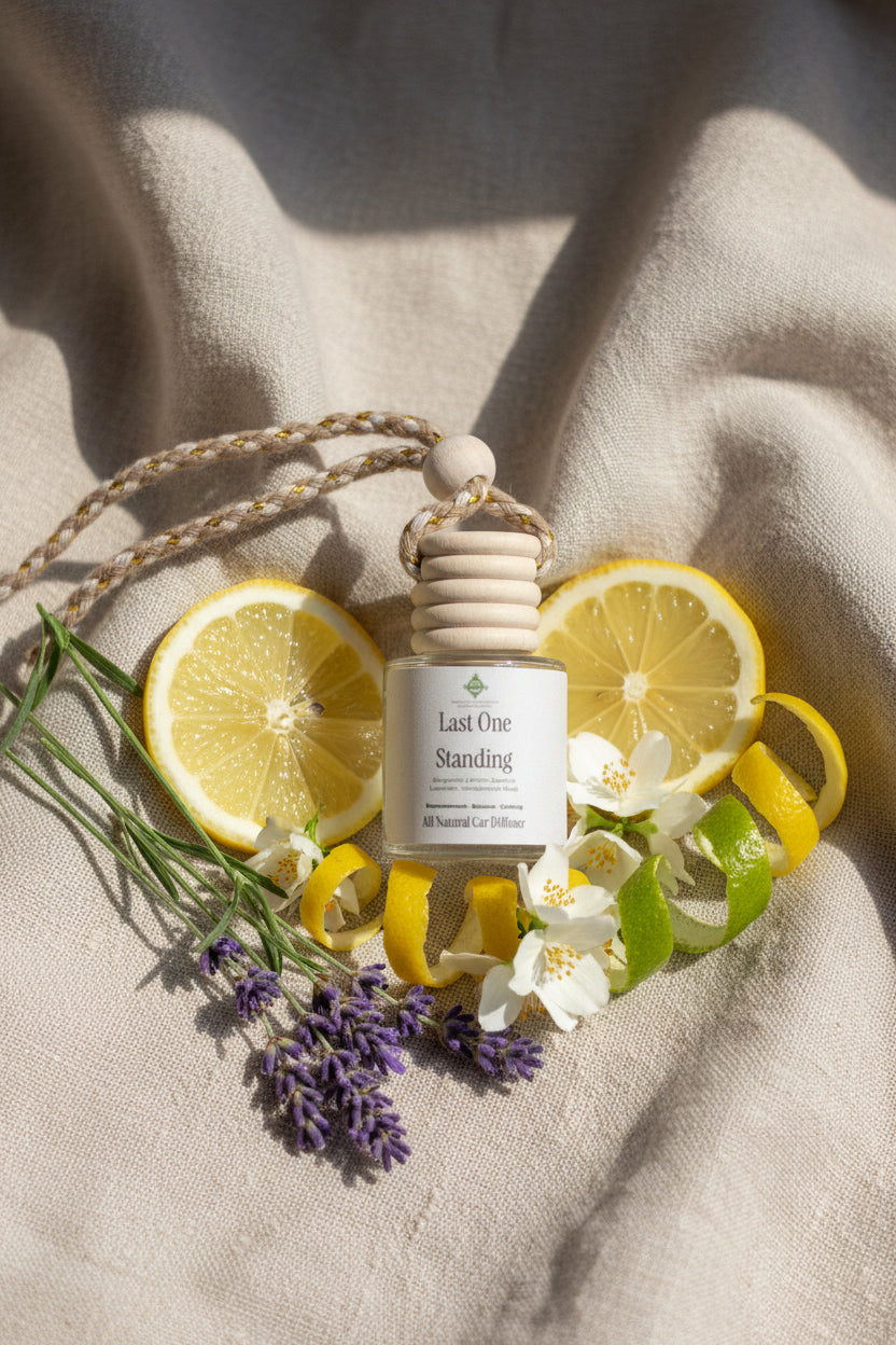 Car diffuser labeled 'Last One Standing' with a lavender sprig, bergamot peel, and jasmine flower and lemon on a neutral background