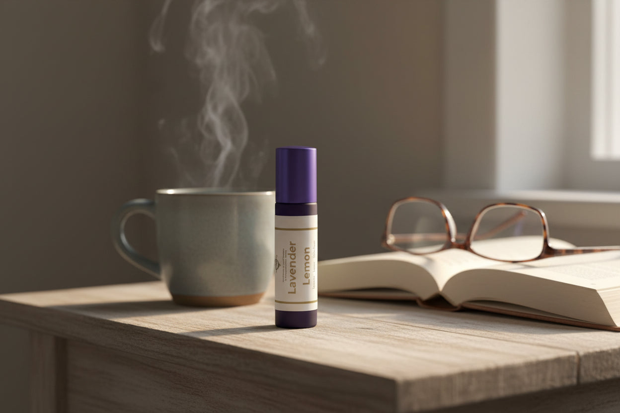 Lavender Lemon Roller on a nightstand with a book and mug for winding down.  