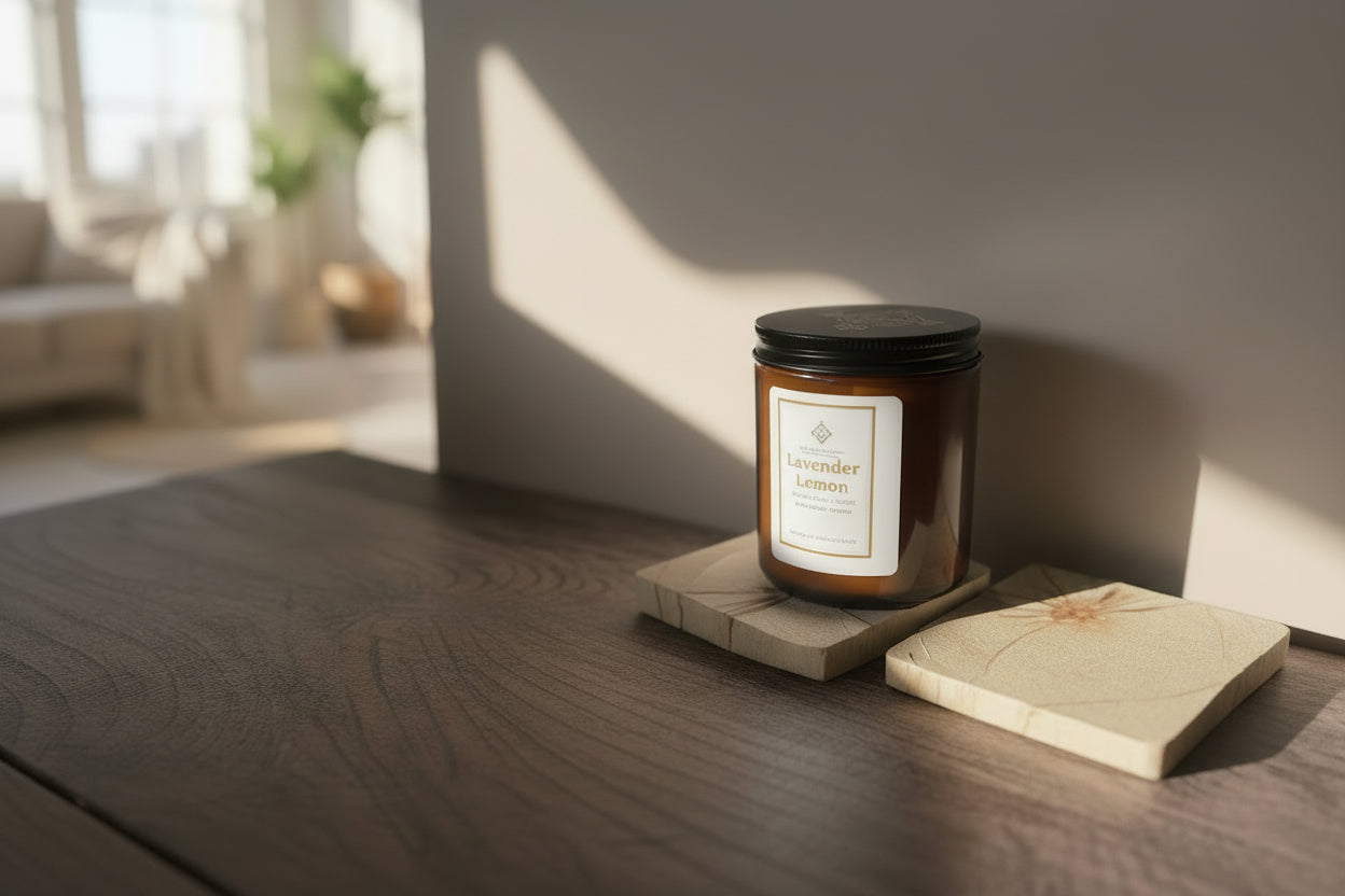 Jar of lavender lemon candle on wooden table with living room in the background. 
